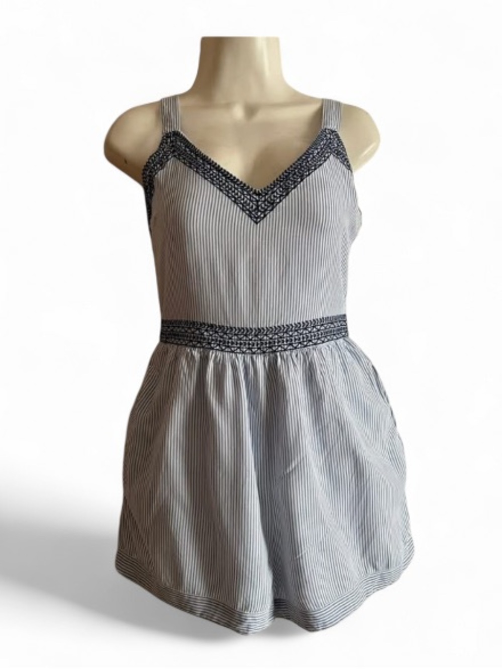 Japna striped romper, spaghetti straps, embroidered details, pockets, size M